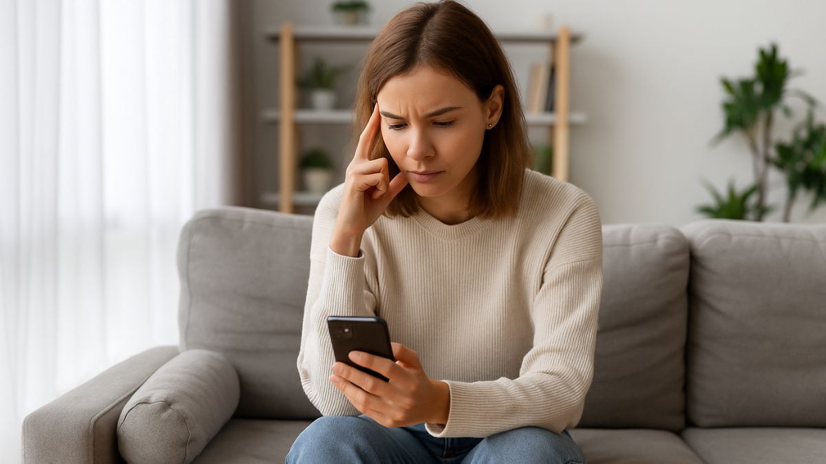 Concerned woman sitting at home reviewing her phone, reflecting on what to do after potential STD exposure.