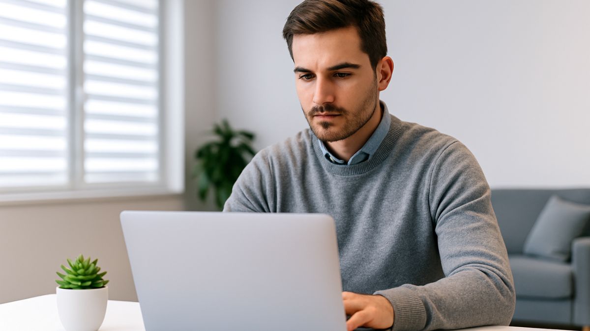 Man reviewing STD testing options on his laptop in a quiet, modern workspace with soft natural light.